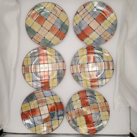 Vintage Goldcastle Lusterware Handpainted Plaid Dessert Plates Set Of 6 1960s - Picture 4 of 6